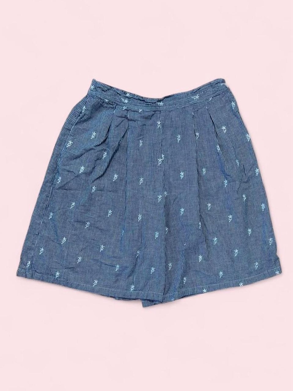 Vintage Black + White Gingham Floral High-Waist Shorts with Embroidered Flowers